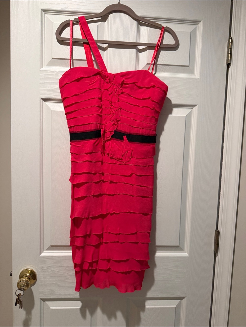 BCBGMaxAzria Hot Pink Layered Ruffle Spaghetti Strap Dress with Black Waistband